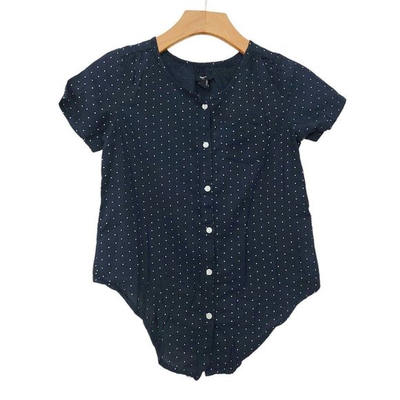 Gap Kids Girls Blouse Medium Navy Polka Dots Short Sleeve Tie Front Button Up - Picture 1 of 11